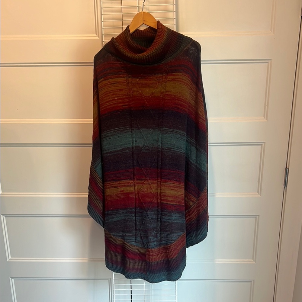 Avenue Red and Orange Poncho Sweater with Asymmetrical Hem